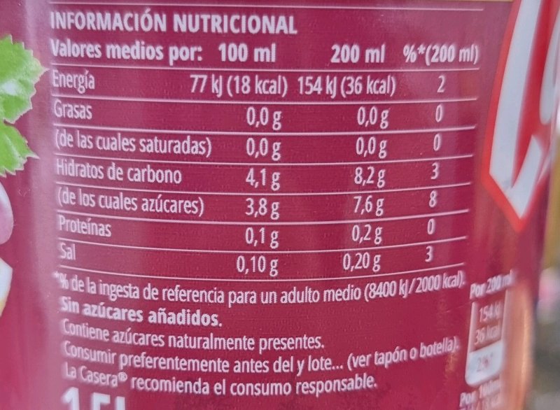 Foto da tabela nutricional