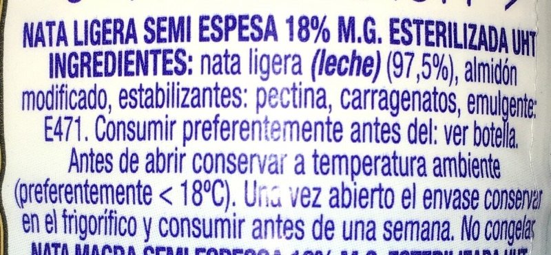Foto da lista de ingredientes
