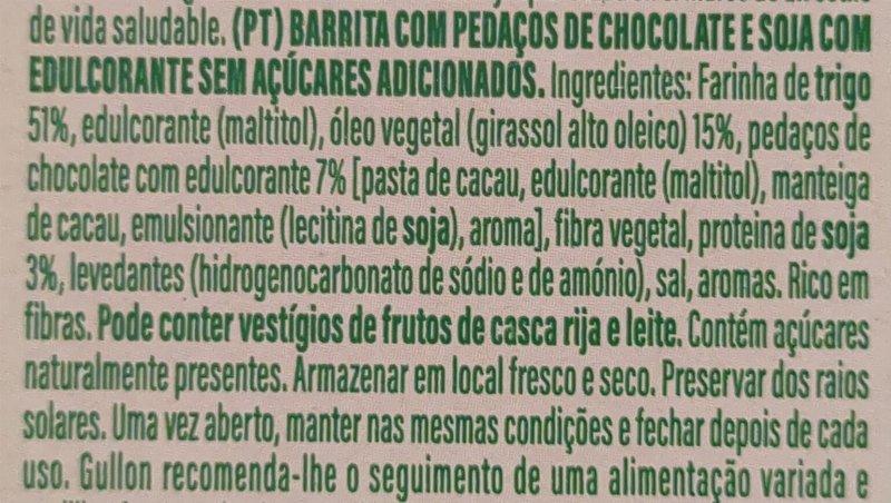 Foto da lista de ingredientes