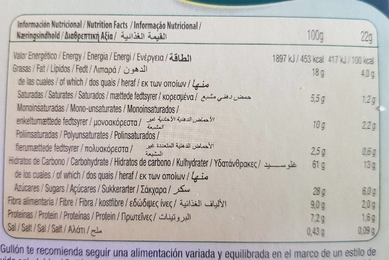Foto da tabela nutricional
