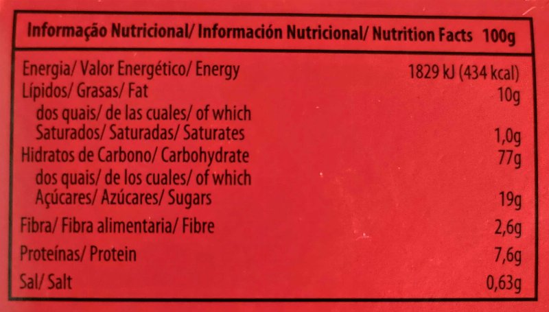 Foto da tabela nutricional