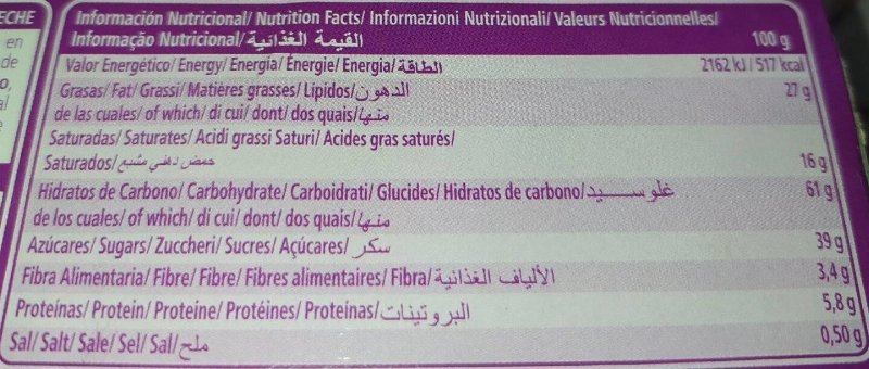 Foto da tabela nutricional