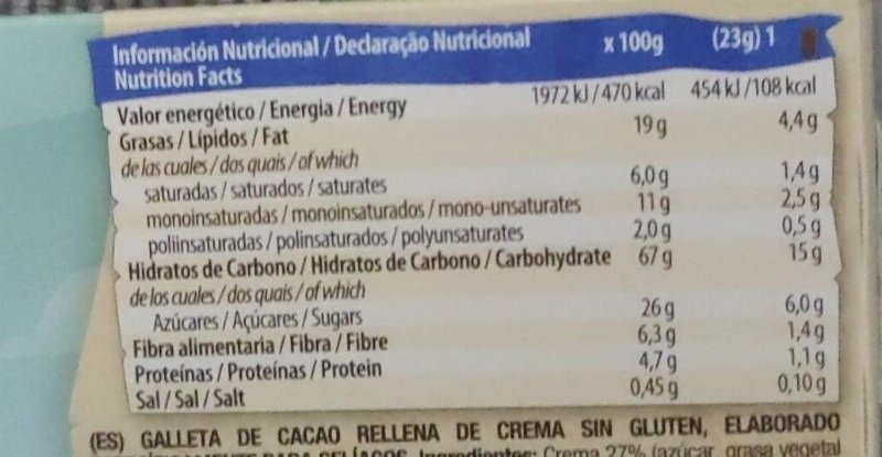 Foto da tabela nutricional
