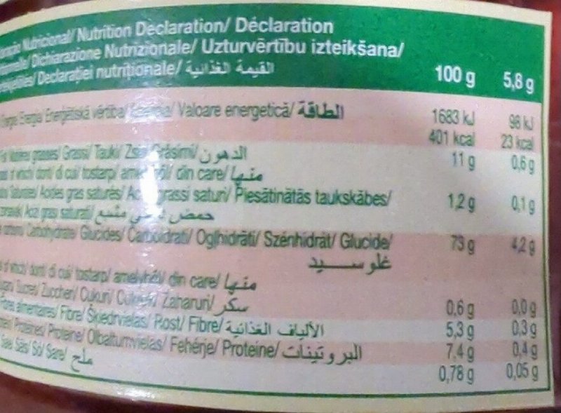 Foto da tabela nutricional