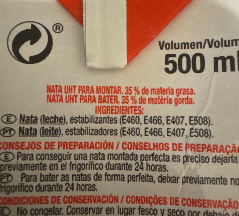 Foto da lista de ingredientes