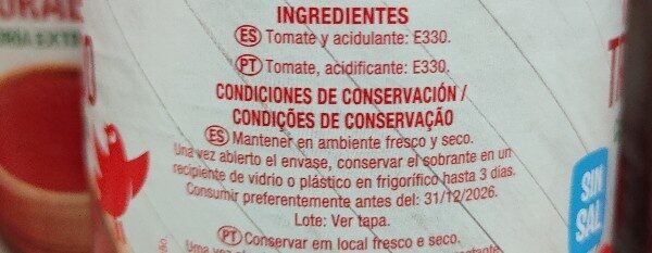 Foto da lista de ingredientes