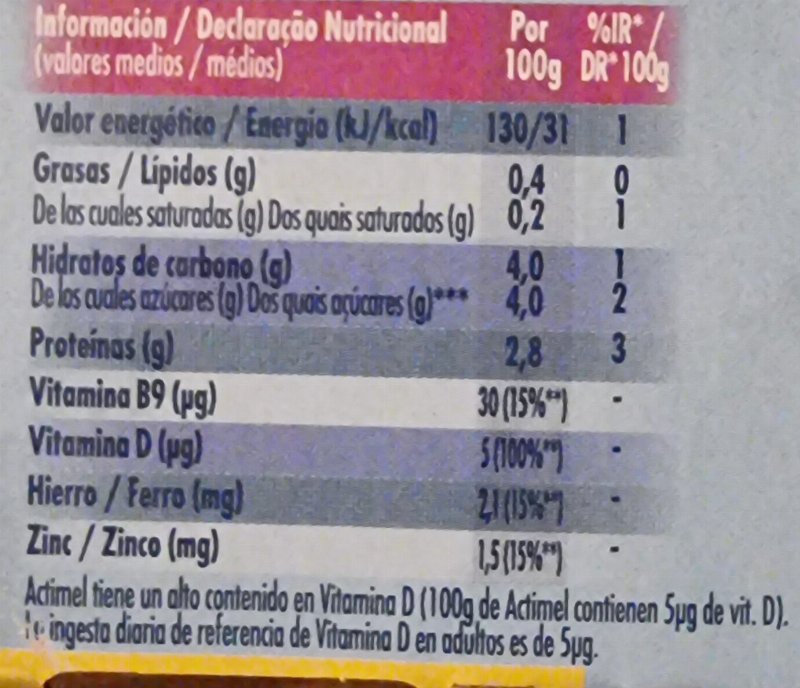 Foto da tabela nutricional