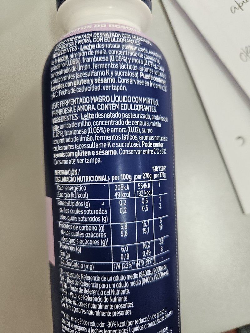 Foto da lista de ingredientes