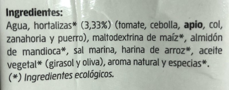 Foto da lista de ingredientes