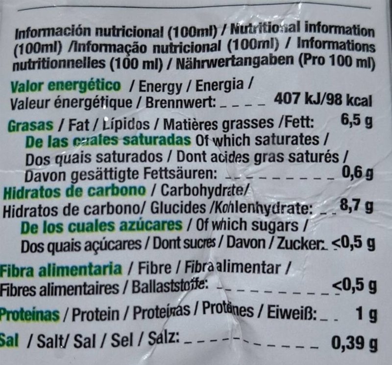 Foto da tabela nutricional