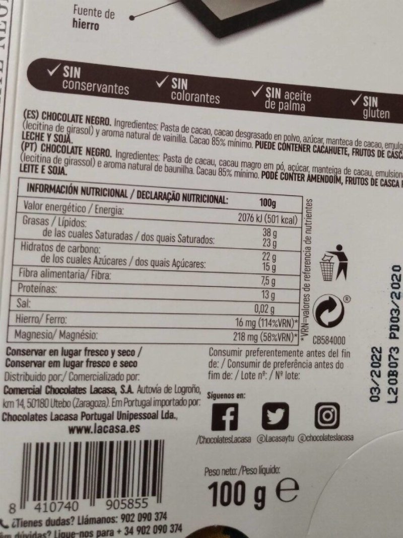 Foto da tabela nutricional