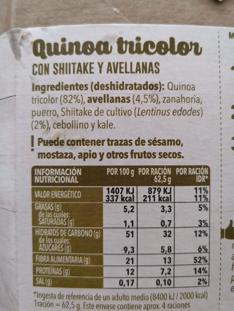 Foto da lista de ingredientes