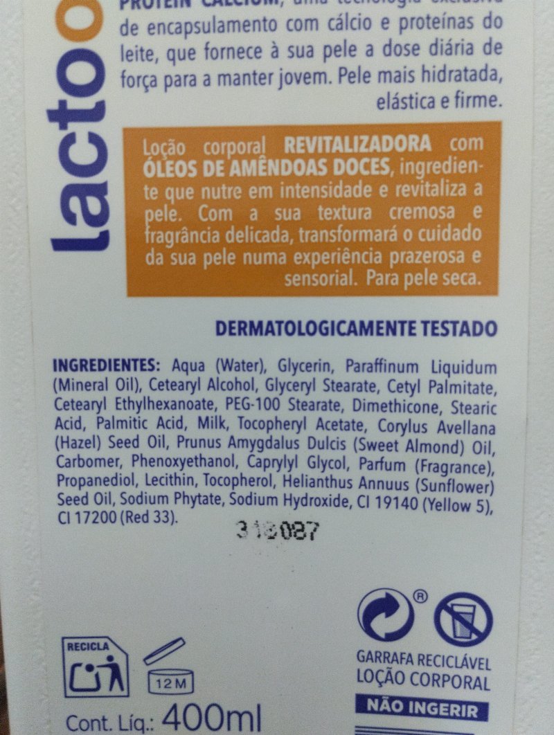Foto da lista de ingredientes