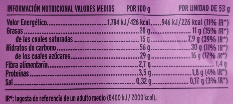 Foto da tabela nutricional