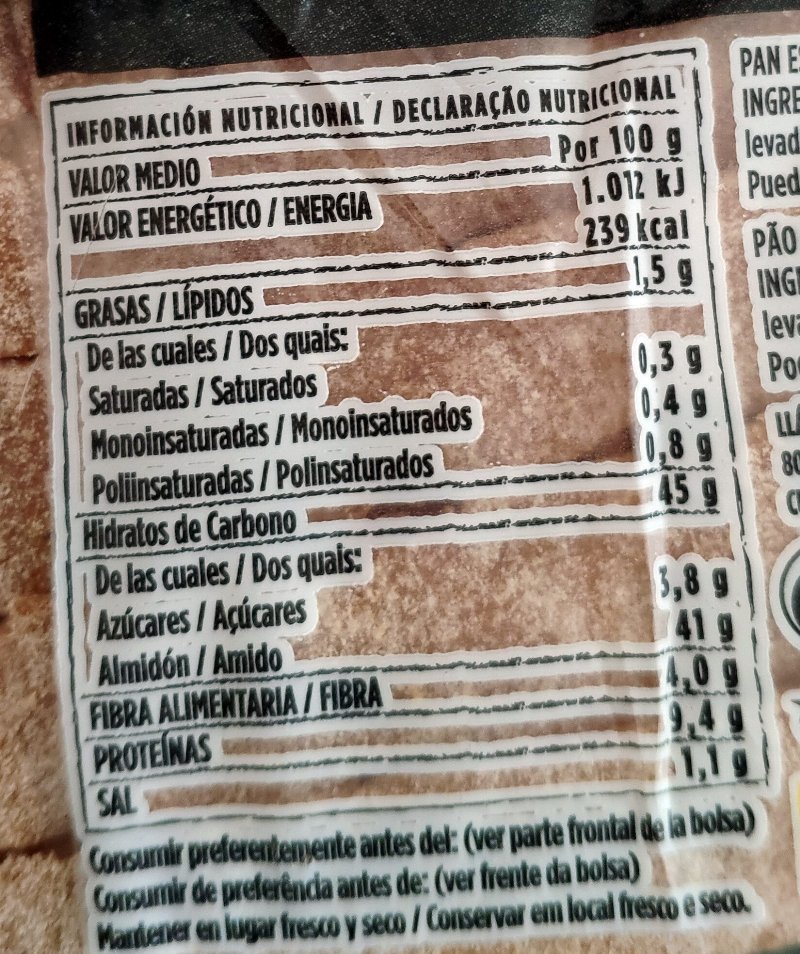 Foto da tabela nutricional