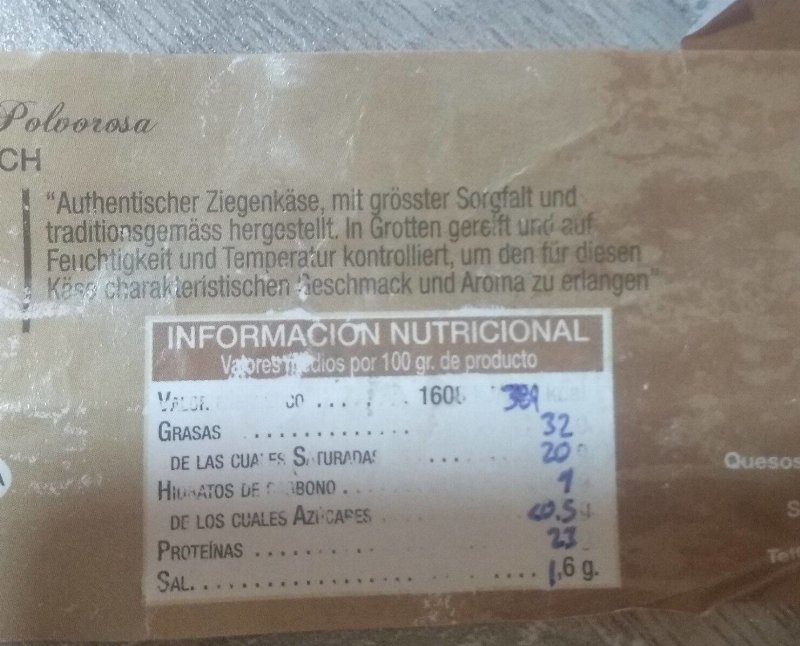 Foto da tabela nutricional