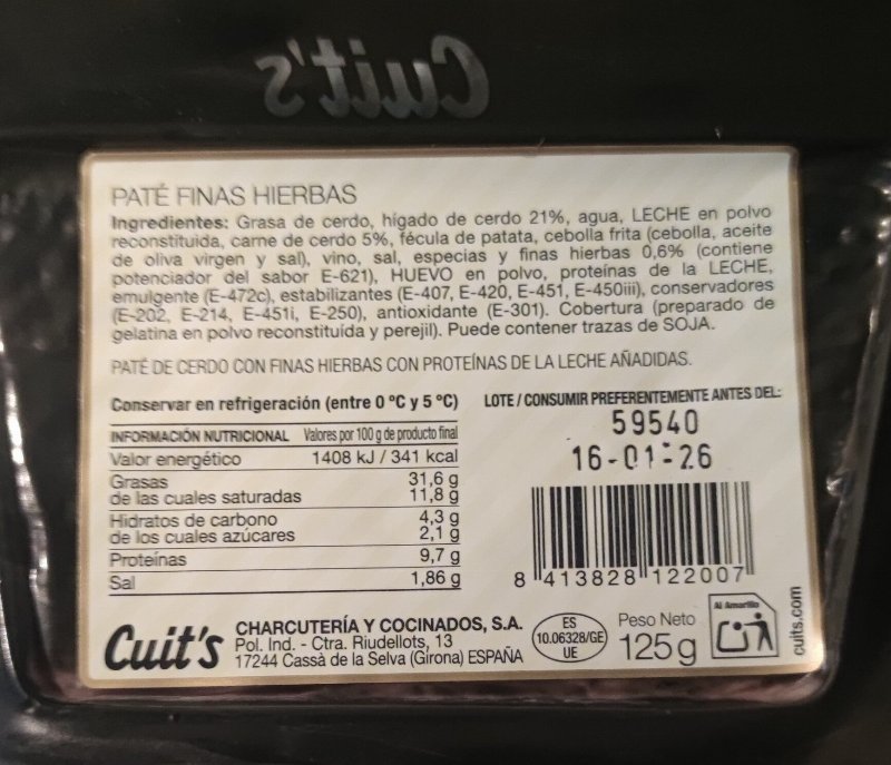 Foto da lista de ingredientes