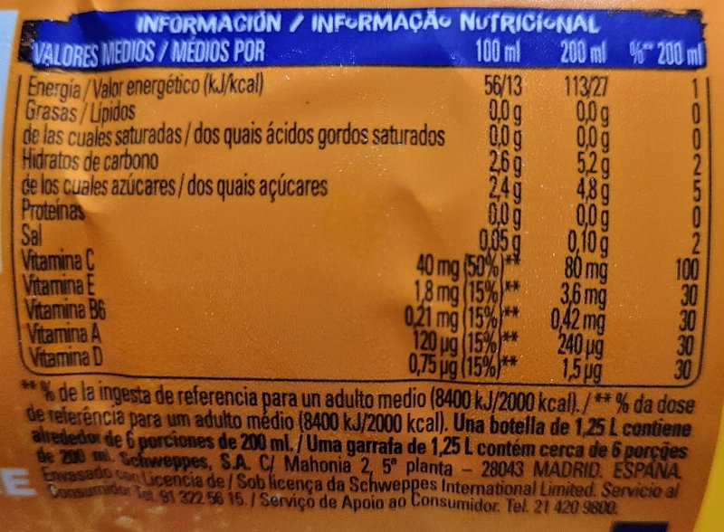 Foto da tabela nutricional