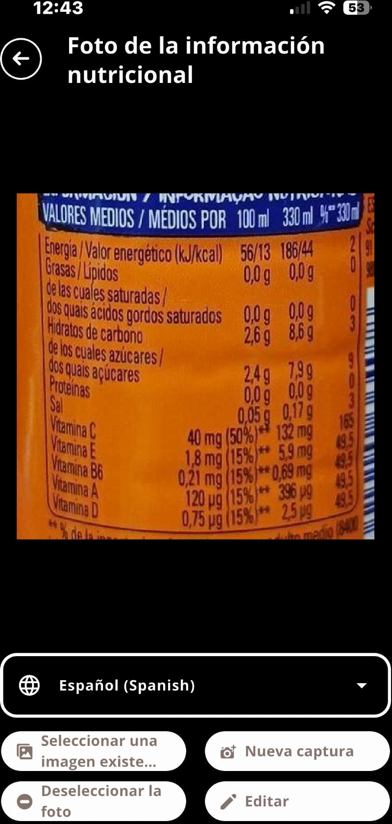 Foto da tabela nutricional