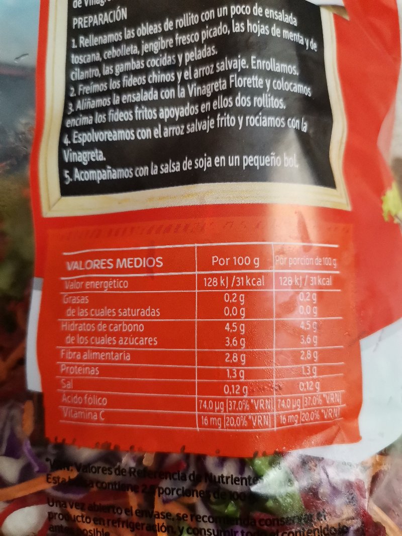 Foto da lista de ingredientes