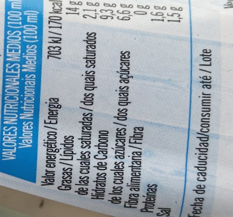 Foto da tabela nutricional