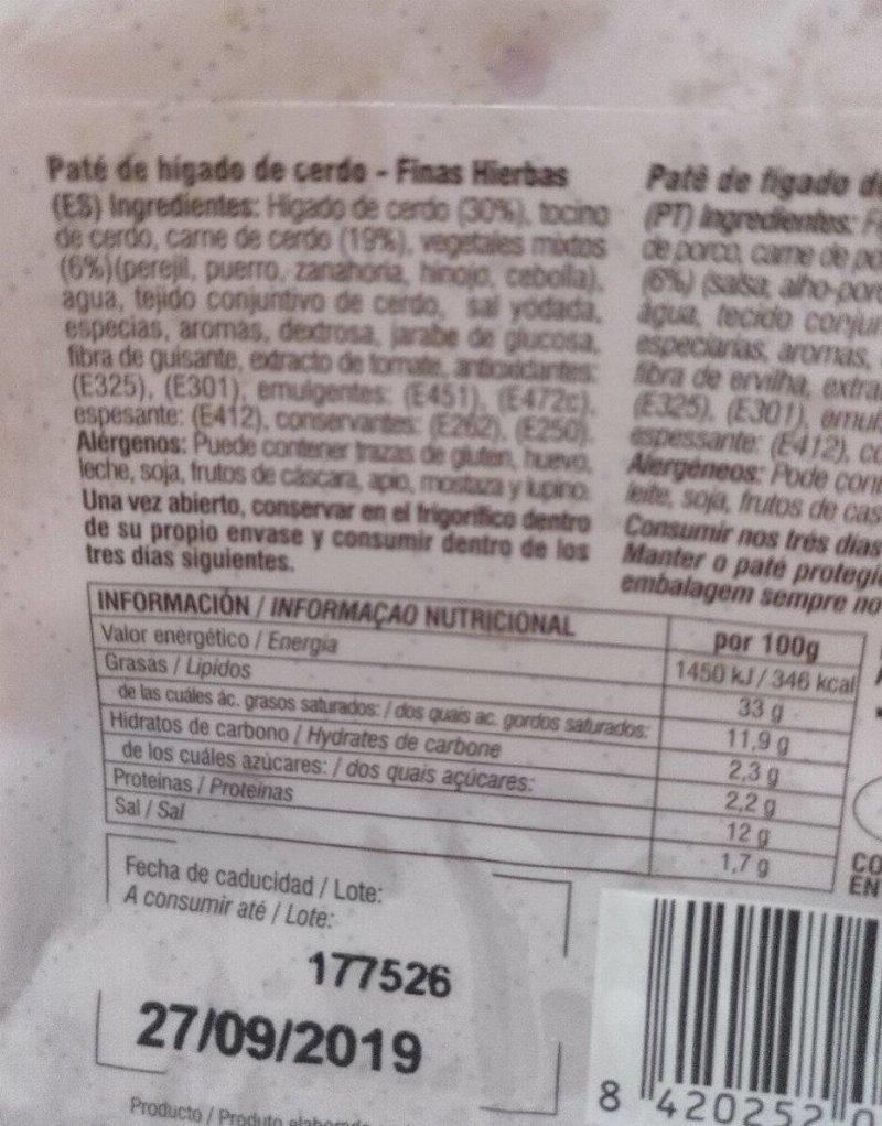 Foto da tabela nutricional