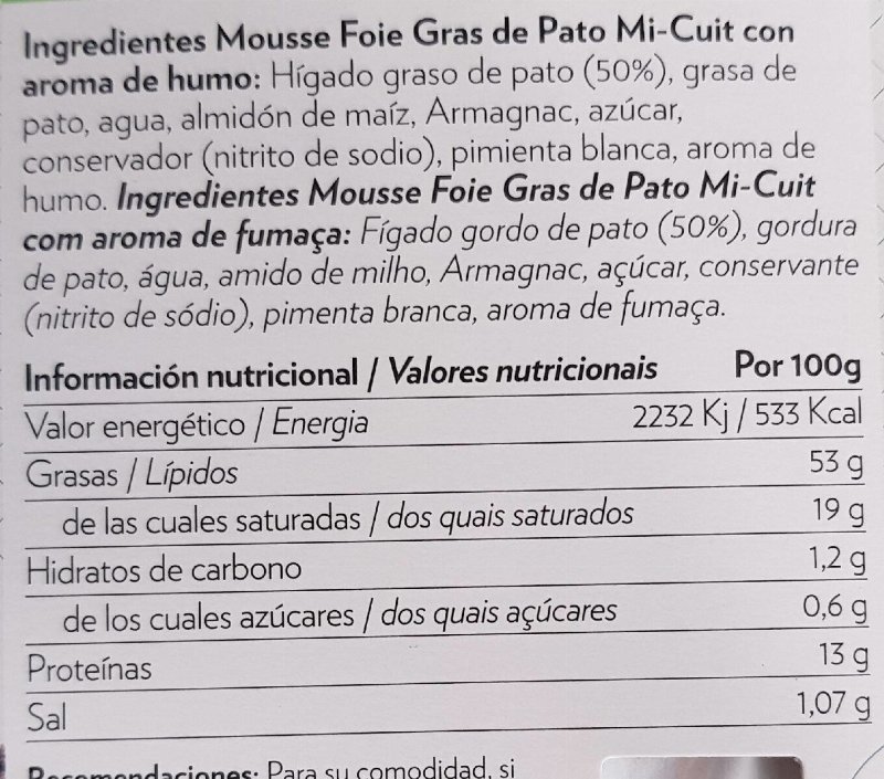 Foto da tabela nutricional