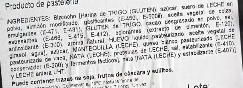 Foto da lista de ingredientes