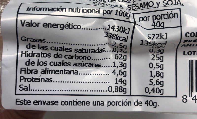 Foto da tabela nutricional