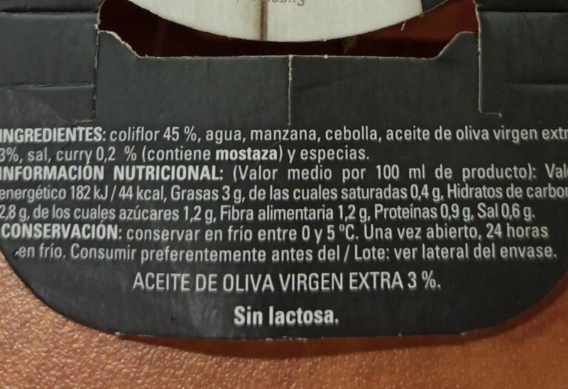 Foto da tabela nutricional