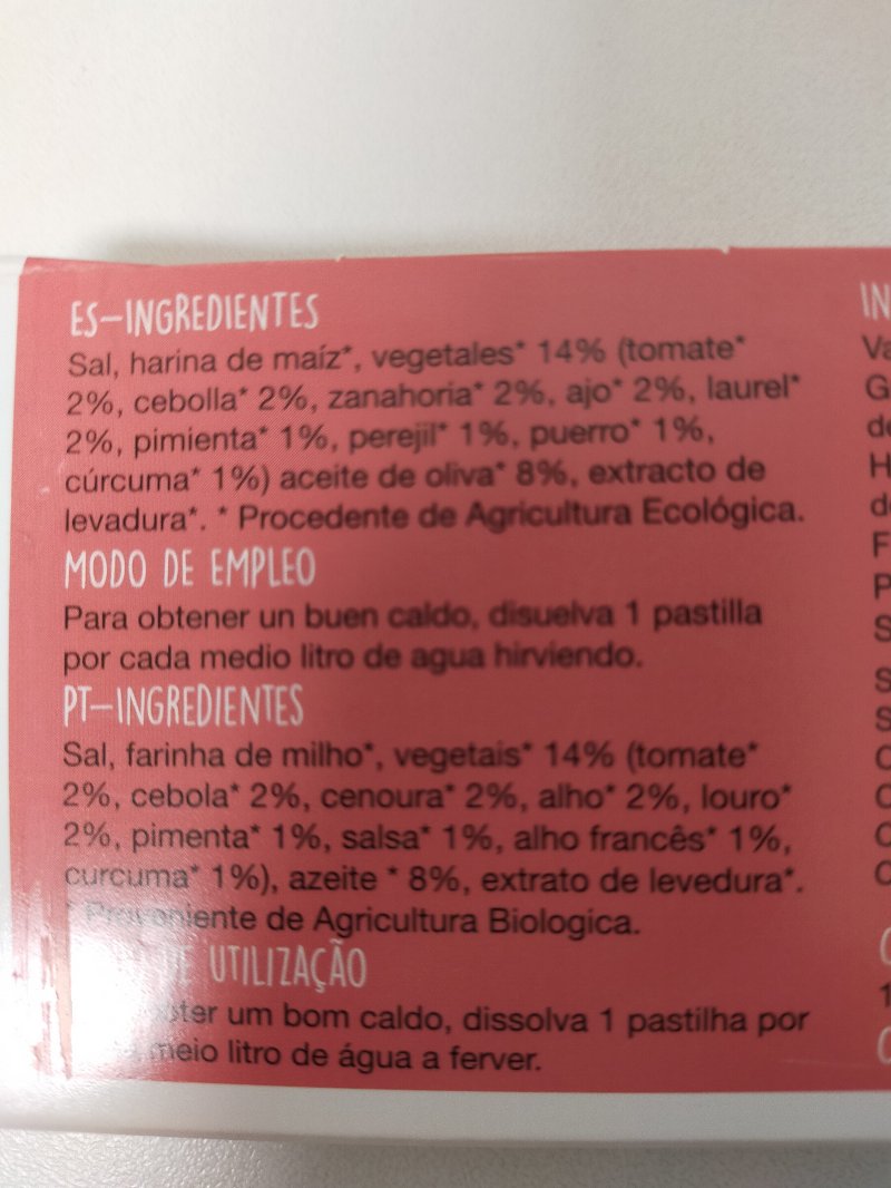 Foto da lista de ingredientes