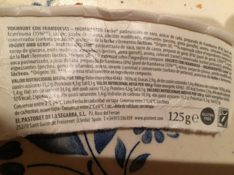 Foto da lista de ingredientes