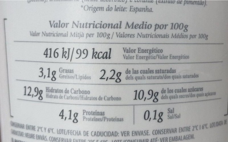 Foto da tabela nutricional