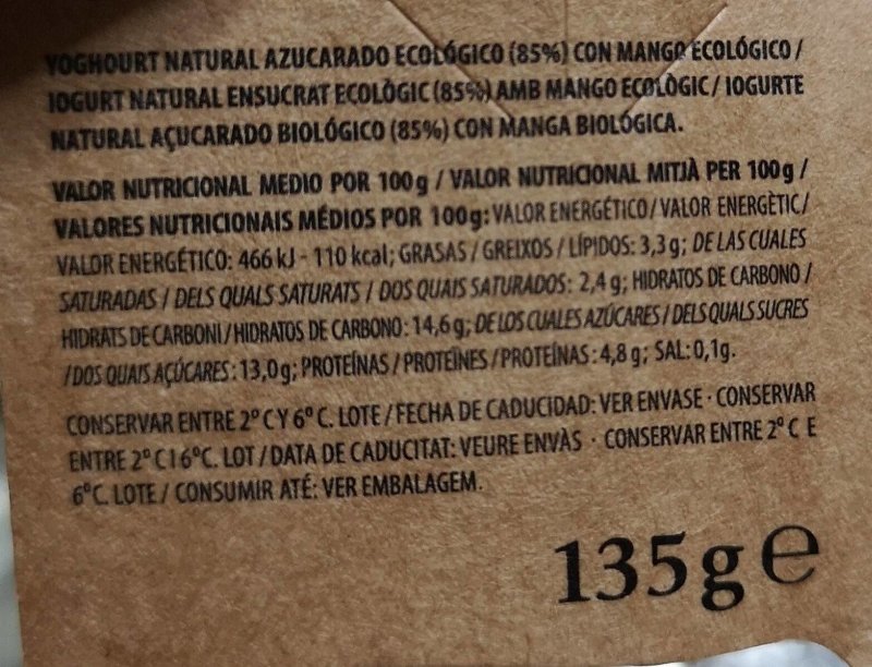 Foto da tabela nutricional
