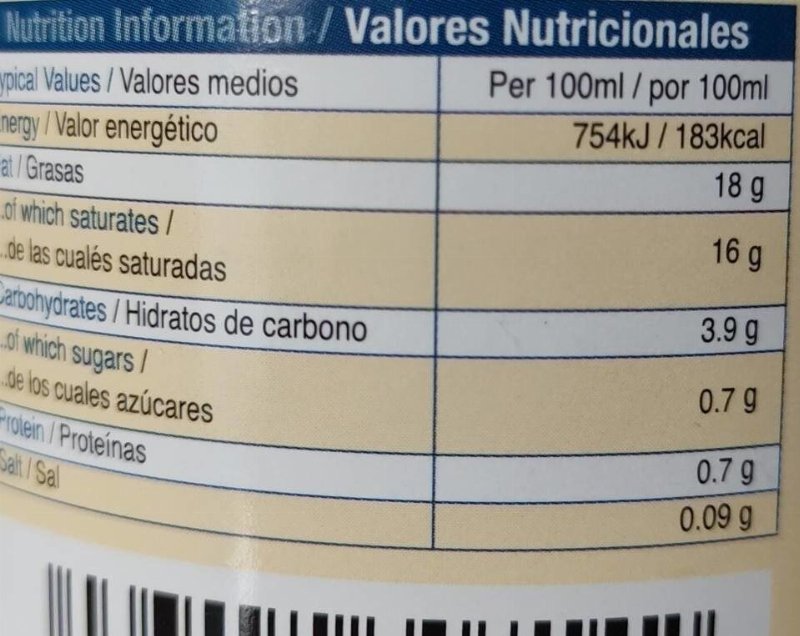Foto da tabela nutricional