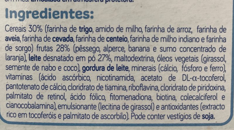 Foto da lista de ingredientes