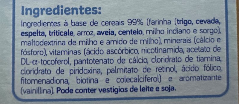 Foto da lista de ingredientes