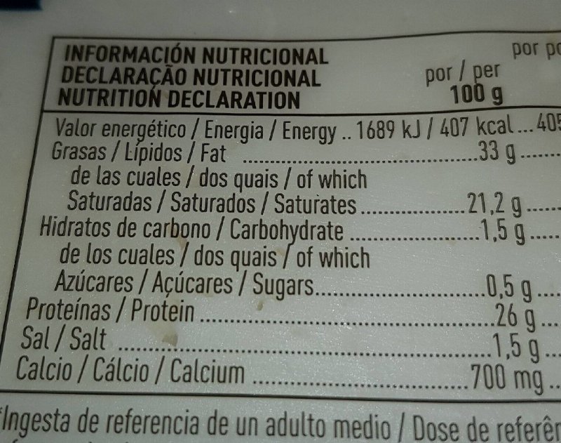 Foto da tabela nutricional