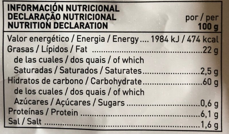 Foto da tabela nutricional