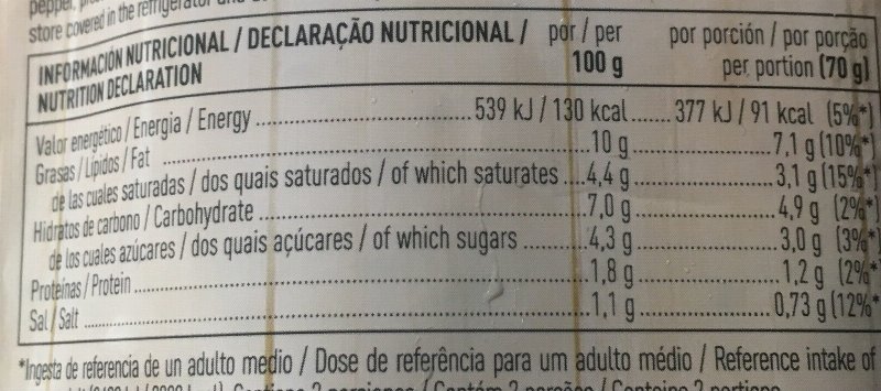 Foto da tabela nutricional