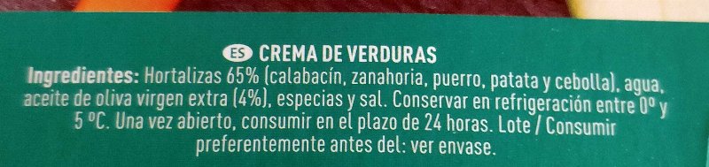 Foto da lista de ingredientes