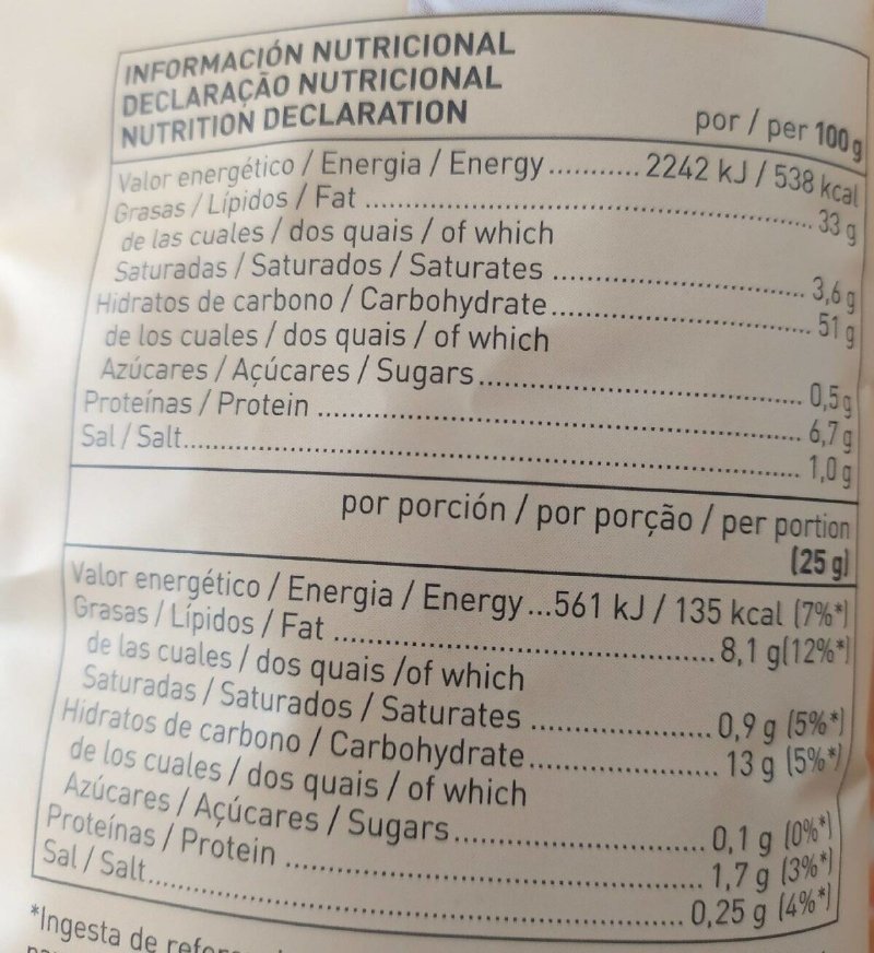 Foto da tabela nutricional