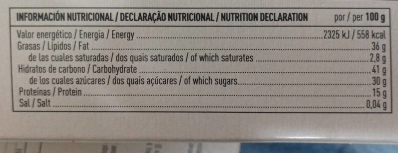 Foto da tabela nutricional
