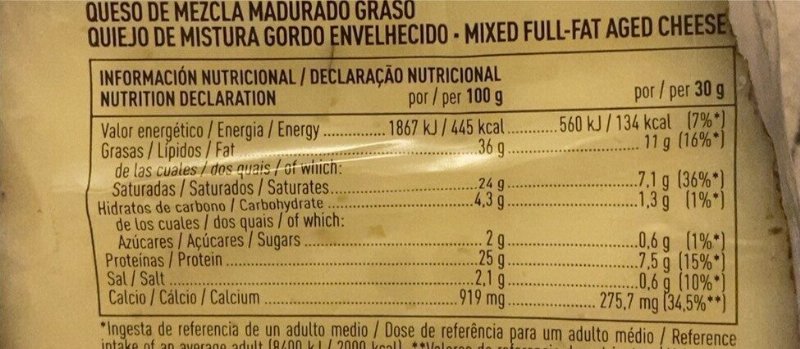 Foto da tabela nutricional