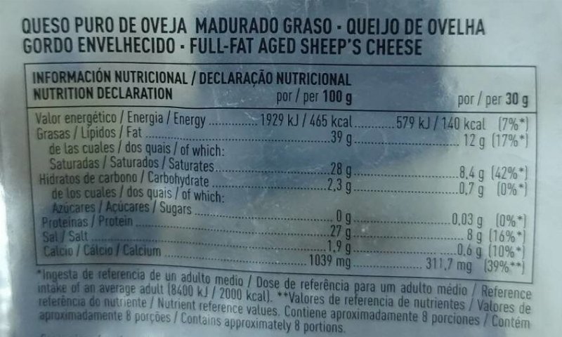 Foto da tabela nutricional