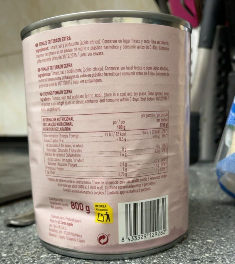 Foto da tabela nutricional