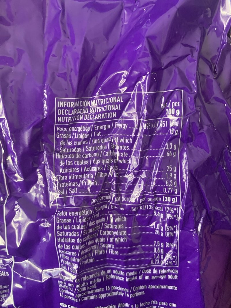 Foto da tabela nutricional