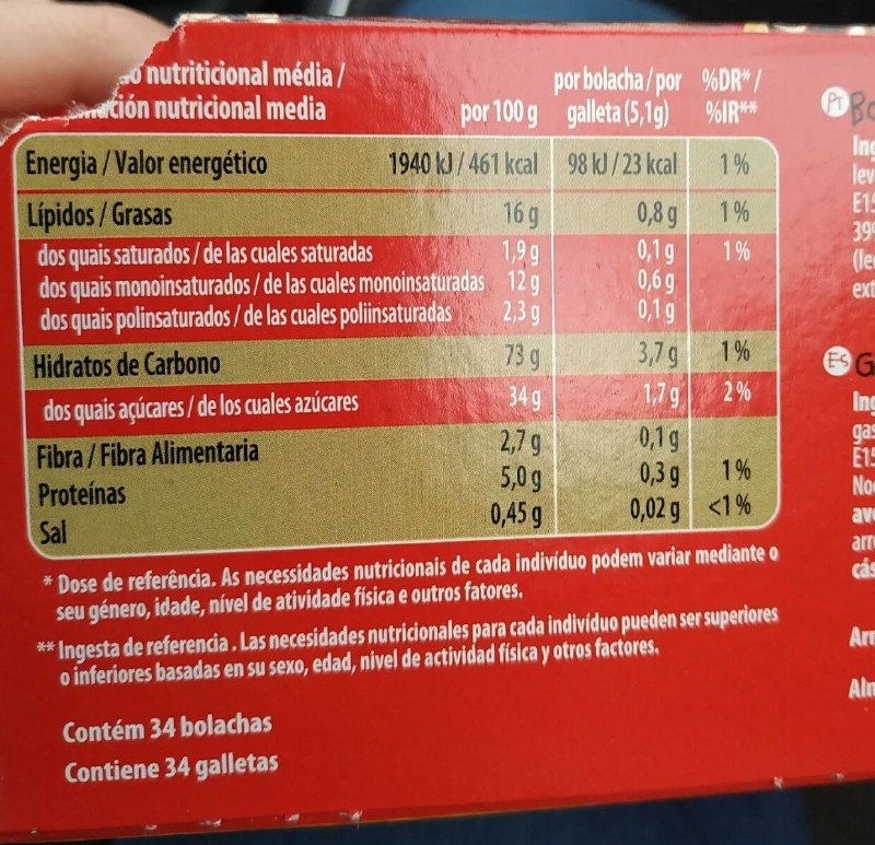Foto da tabela nutricional