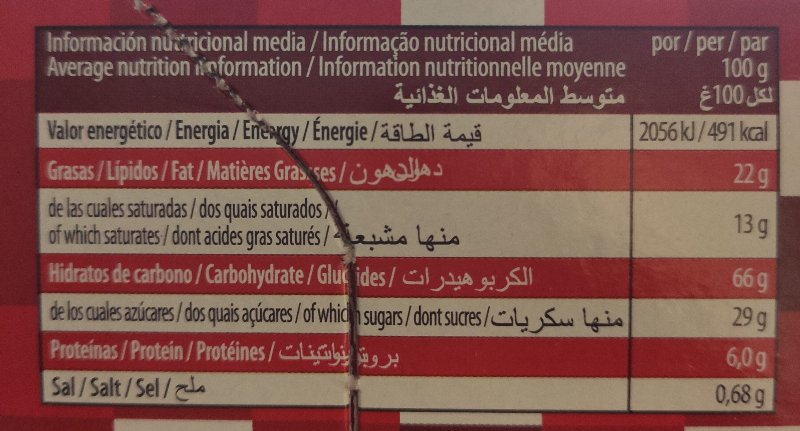 Foto da tabela nutricional