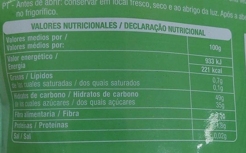 Foto da tabela nutricional